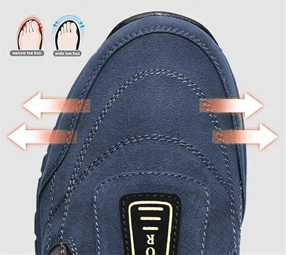 Close-up of the blue shoe's forefoot with white arrows pointing outward on both sides, and a small inset diagram contrasting a narrow toe box with a wide toe box.