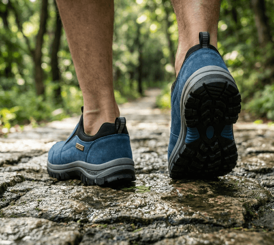A person walking away on a wet stone path in a wooded area wearing blue Stepprs slip-on shoes, with the deep-lug rubber tread of the raised rear shoe clearly visible.